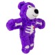 Purple plush bear dog toy with white face and black nose, stitched skeleton ribs and bone appliqués and a small red heart detail