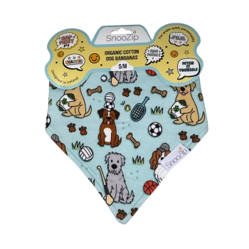 SnooZip S/M organic cotton dog bandana, light blue with cartoon dogs and toys; packaging reads SnooZip, Organic Cotton