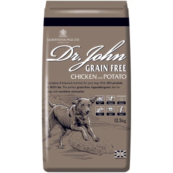 Getreidefreies Huhn & Kartoffeln 2 kg 12,5 kg Sack Dr. John Getreidefreies Huhn- und Kartoffel-Hundefutter, mit einer laufenden Hundillustration und 25 % Protein, hypoallergen, getreidefrei.