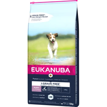 Karma dla szczeniąt bez zbóż dla małych i średnich ras 12 kg 12 kg Torba karmy dla szczeniąt Eukanuba Grain Free, 12 kg, z biegającym psem i tekstem o "Braku zbóż", "Niskiej alergenności" oraz korzyściach odżywczych.