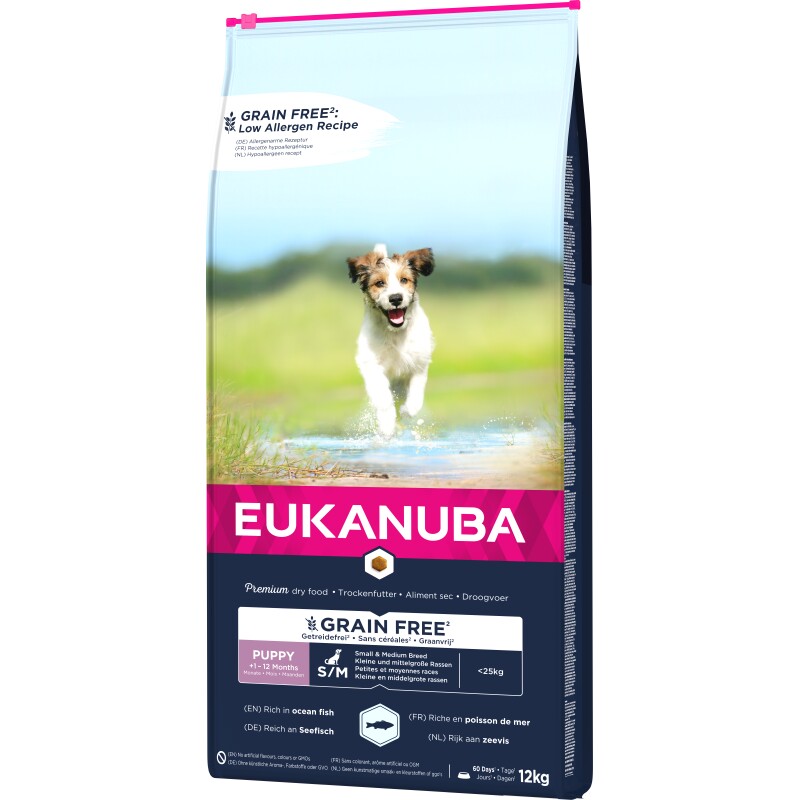 EUKANUBA droogvoer voor honden van kleine en middelgrote rassen Puppy, graanvrij met vis 12 kg