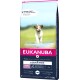 Torba karmy dla szczeniąt Eukanuba Grain Free, 12 kg, z biegającym psem i tekstem o "Braku zbóż", "Niskiej alergenności" oraz korzyściach odżywczych.