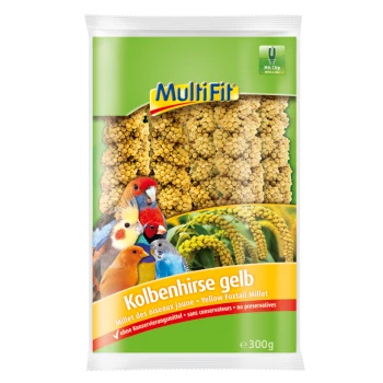 A bag of MultiFit yellow foxtail millet for birds, featuring colorful birds on the front and the text "Kolbenhirse gelb" and "no preservatives."