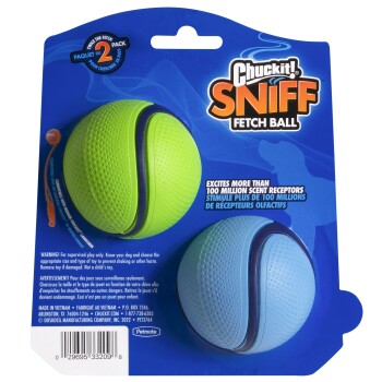 Chuckit! Sniff Fetch Ball 2-pak, zielone i niebieskie teksturowane zabawki dla psa, pobudzające ponad 100 milionów receptorów zapachowych, widoczne ostrzeżenie i kod kreskowy.