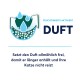 Das Bild zeigt ein Produkt mit der Bezeichnung "DUFT" mit einem feuchtigkeitsaktivierten Duftfreisetzungssystem, das langanhaltenden Duft für Katzen bewirbt.