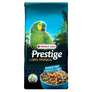 Eine Tüte Versele-Laga Prestige Loro Parque Amazon Papageienmischung mit einer bunten Papageienillustration und einer Schale mit gemischten Samen und Nüssen.