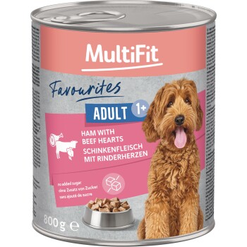 Meilleurs prix pour MultiFit Favoris Nourriture humide Chien Adulte Jambon avec cœurs de bœuf 6x800 g