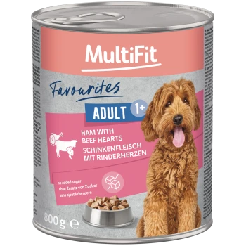 MultiFit Favourites Adult 1+ Dose — Schinken mit Rinderherzen, 800 g; zeigt Hund, Schüssel mit Stücken, ‚ohne Zuckerzusatz‘.