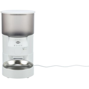 Automatischer Haustierfutterspender in Weiß mit einem transparenten Futterbehälter und einer Edelstahlschüssel, mit Steuerknöpfen an der Vorderseite.