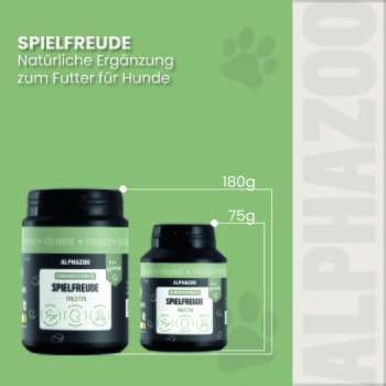 Verpackung der 'Spielfreude' Hundetabletten von Alphazoo, mit umweltfreundlichen Ansprüchen, chemiefrei und geeignet für alle Hunderassen.