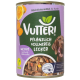 Eine Dose Vutteri Hundefutter mit einem lila Etikett und grünem Logo, das "Pflanzlich Vollwertig Lecker" und "Wie Ente, Jackfruit & Süßkartoffel" angibt.