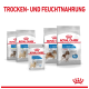 Bild von Royal Canin Hundefutterprodukten, die in verschiedenen Größen mit "Light Weight Care" für X-Small, Mini, Medium und Maxi Hunde gekennzeichnet sind.