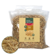 Sac en plastique transparent de paille dorée étiqueté "REAL NATURE : Golden Stroh" pour petits animaux, avec des icônes pour la qualité et les ingrédients naturels.