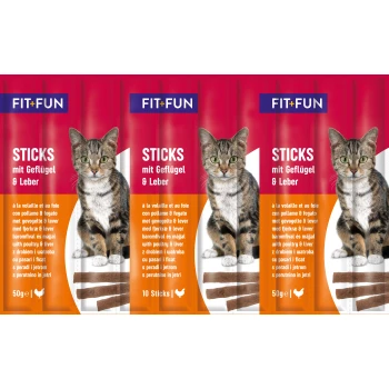 Cat food packaging featuring "FIT+FUN STICKS mit Geflügel & Leber," showcasing a tabby cat and displaying multiple languages.