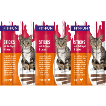 Cat food packaging featuring "FIT+FUN STICKS mit Geflügel & Leber," showcasing a tabby cat and displaying multiple languages.