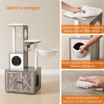 Katzenbaum mit abnehmbaren, waschbaren Kissen auf den Plattformen und im Versteck, mit leicht zu reinigenden Oberflächen. Text auf Deutsch hebt die Reinigungserleichterung hervor.
