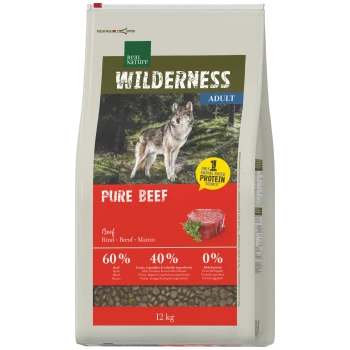 Packung Real Nature Wilderness Adult Pure Beef Hundefutter mit Wolf-Abbildung, 'Pure Beef', Nährwertangabe 60%/40%/0%, 12 kg.