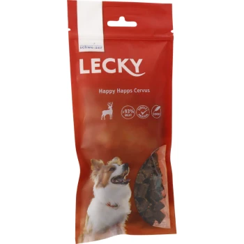Rote Verpackung für "LECKY Happy Happs Cervus" Hundeleckerlis mit einem lächelnden Hund und Symbolen, die 93% Fleisch, ein einzelnes Protein und eine sensic Formel anzeigen.