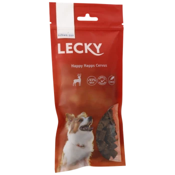 Rote Verpackung für "LECKY Happy Happs Cervus" Hundeleckerlis mit einem lächelnden Hund und Symbolen, die 93% Fleisch, ein einzelnes Protein und eine sensic Formel anzeigen.