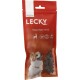 Rote Verpackung für "LECKY Happy Happs Cervus" Hundeleckerlis mit einem lächelnden Hund und Symbolen, die 93% Fleisch, ein einzelnes Protein und eine sensic Formel anzeigen.