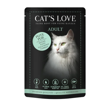 Cat's Love Erwachsenen Katzenfutterverpackung mit schwarzem Hintergrund, grünen Akzenten und Hervorhebungen: "71% Truthahn," "Omega 3 & 6," "getreidefrei," "100% natürlich."