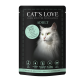 Cat's Love Erwachsenen Katzenfutterverpackung mit schwarzem Hintergrund, grünen Akzenten und Hervorhebungen: "71% Truthahn," "Omega 3 & 6," "getreidefrei," "100% natürlich."