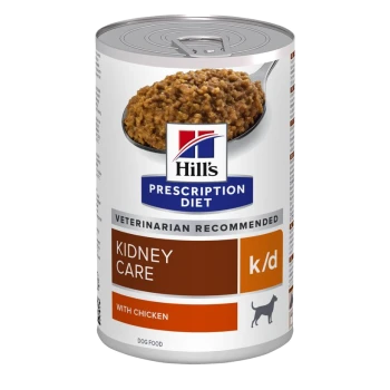 Karma w puszce Hill's Prescription Diet dla psów oznaczona 'Kidney Care' z kurczakiem, polecana przez weterynarzy, z teksturowaną mieszanką mięsa.