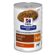 Karma w puszce Hill's Prescription Diet dla psów oznaczona 'Kidney Care' z kurczakiem, polecana przez weterynarzy, z teksturowaną mieszanką mięsa.