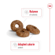 Three brown, donut-shaped pet treats are displayed, with text highlighting "Balance of nutrients" and "Adapted calorie content."