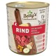 Dosen-Hundefutter, beschriftet mit "RIND mit Kartoffel, Kürbis und Birne", das Rindfleisch, Kartoffeln, Kürbis und Birne enthält, geeignet für erwachsene Hunde.