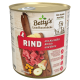 Dosen-Hundefutter, beschriftet mit "RIND mit Kartoffel, Kürbis und Birne", das Rindfleisch, Kartoffeln, Kürbis und Birne enthält, geeignet für erwachsene Hunde.