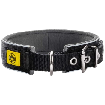Schwarzer Hundehalsband mit grauer Polsterung, mit einem gelben BVB-Logo und einer Metallschnalle, entworfen für Komfort und Haltbarkeit.