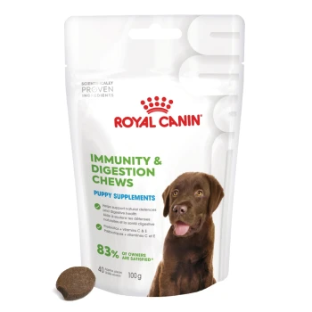 Suplementy dla szczeniąt na odporność i trawienie Przysmaki do żucia 100 g Royal Canin Immunity & Digestion Chews dla szczeniąt, z wesołym brązowym psem na opakowaniu, 100g, z 83% satysfakcją właścicieli.