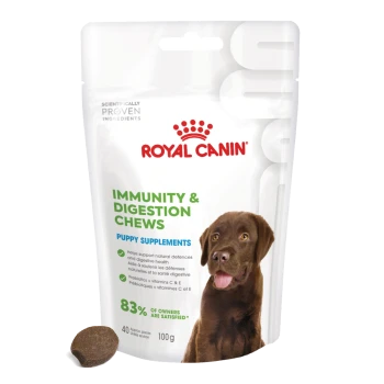 Royal Canin Immunity & Digestion Chews pour chiots, avec un chien brun heureux sur l'emballage, 100g, avec 83 % de satisfaction des propriétaires.