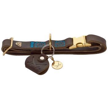 Braunes Lederhalsband für Hunde mit blauer Naht, goldener Schnalle und einem Schlüsselring, der an einem Anhänger mit gekreuzten Schwertern befestigt ist.