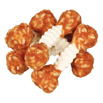 Eine Ansammlung von Hundeleckerlis in Form von Knochen und Fleischbällchen, mit einer Mischung aus orangefarbenen und weißen Farben, auf einem weißen Hintergrund.