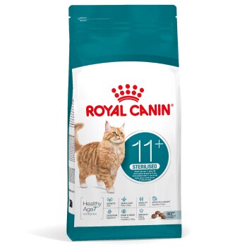 Royal Canin 11+ Sterilised cat food bag with an orange tabby cat and health benefits icons on the front.