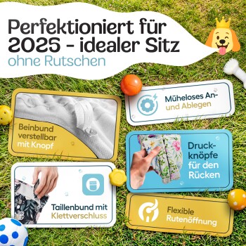 Infografik zur Größenbestimmung für Hündinnen: XS (21-29 cm), S (29-40 cm), M (40-52 cm), L (51-66 cm), XL (66-83 cm).