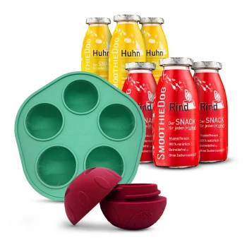 Flaschen mit SmoothieDog Hundesnacks in Gelb (Huhn) und Rot (Rind) mit grünem Silikonform und rotem Leckerli-Ball.