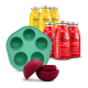 Flaschen mit SmoothieDog Hundesnacks in Gelb (Huhn) und Rot (Rind) mit grünem Silikonform und rotem Leckerli-Ball.