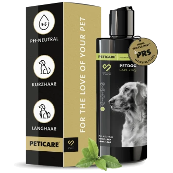 Schwarze Flasche mit Petcare Petdog Care 2105 Shampoo, das das Profil eines Golden Retrievers zeigt, mit einem grünen Etikett und einem Siegel, das hohe Wirksamkeit anzeigt.