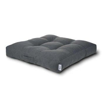 Gray pet bed with tufted design and a side handle for easy carrying, suitable for dogs or cats.