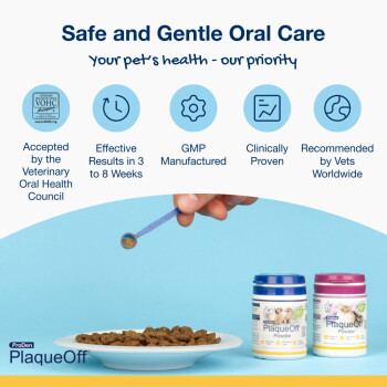 Hand sprinkling PlaqueOff powder onto pet food bowl; two PlaqueOff jars visible. Header: 'Safe and Gentle Oral Care'.