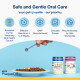 Hand sprinkling PlaqueOff powder onto pet food bowl; two PlaqueOff jars visible. Header: 'Safe and Gentle Oral Care'.