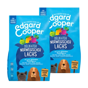 Zwei Säcke Edgard Cooper Hundefutter, "Delikater Norwegischer Lachs," mit bunten Früchten, Gemüse und einem getreidefreien Lachsrezept.