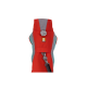 Ein rotes Hundegeschirr mit grauen und türkisfarbenen Akzenten, mit einem Metallclip und einem Ruffwear-Logo auf der Vorderseite.