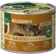 Dose Hundefutter mit der Aufschrift "Real Nature Wilderness Open Prairies", die einen Wolf auf der Vorderseite zeigt und 95% Rindfleisch und Känguru enthält.