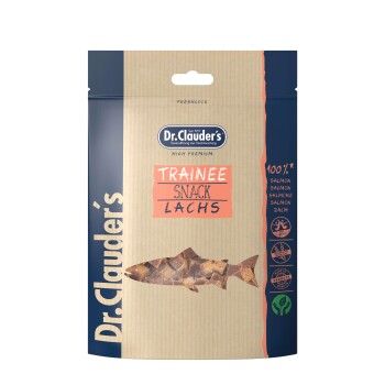 Verpackung von Dr. Clauder's Trainee Snack Lachs, mit Lachs-Leckerlis, die mit "100% Lachs" und "High Premium" gekennzeichnet sind.