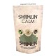 "SHIIMUN CALM" Haustierergänzungspaket mit natürlichem Design, Zutaten-Icons und Text über die Vorteile von Shiitake-Pilzen.