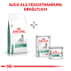 Royal Canin Veterinary Nutrition Satiety Weight Management Hundefutterbeutel mit zwei Dosen, beschriftet mit "AUCH ALS FEUCHTNAHRUNG ERHÄLTLICH."